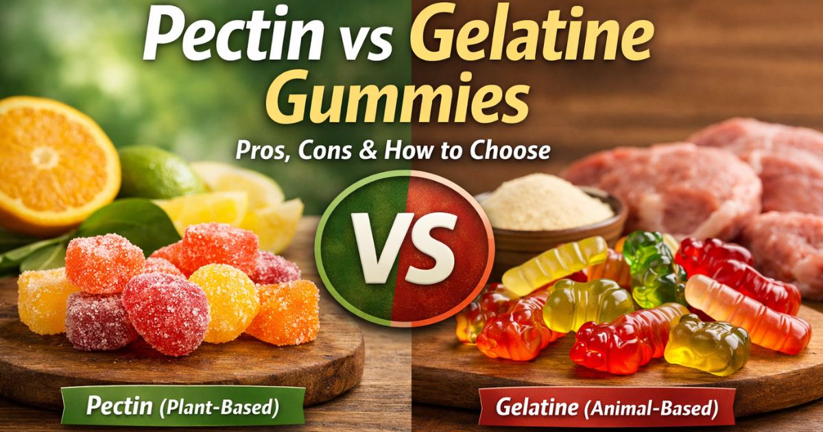 Side-by-side comparison of pectin vs gelatine gummies showing plant-based pectin sweets with citrus fruit and animal-based gelatine gummy bears with collagen ingredients.